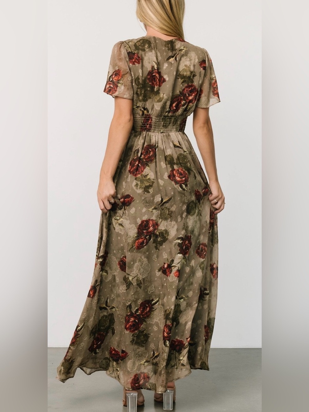 Baltic Born Olive Floral Maxi Dress with Red Rose Print large * cut tag - Picture 6 of 12